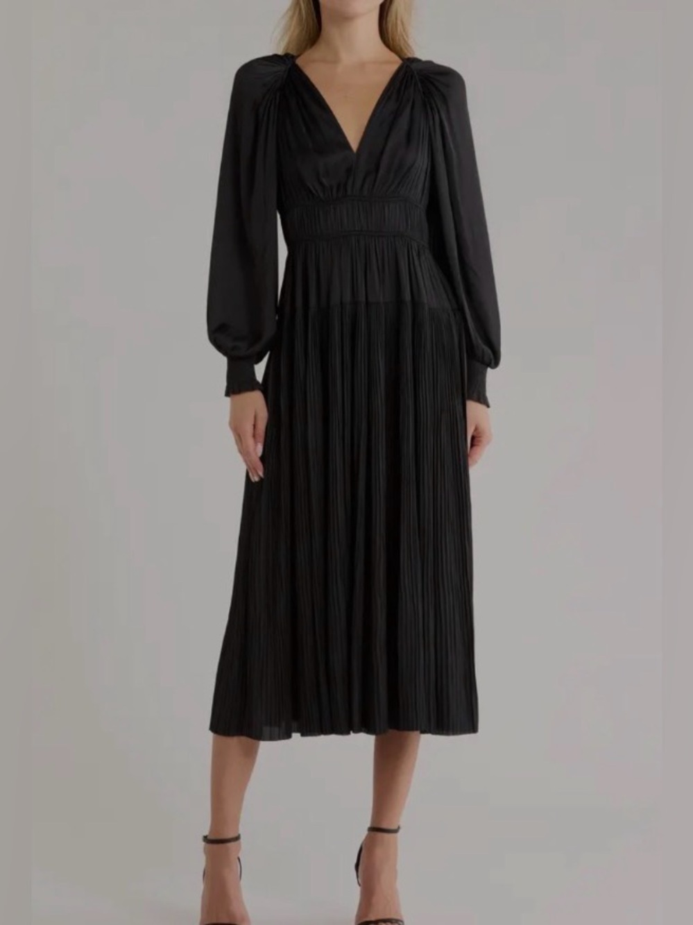 Ulla Johnson Laraline Black Long Sleeve Pleated V-Neck Maxi Dress